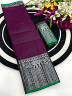Classic Wine Plain Saree Highlighted With Silver Zari Woven Border Work