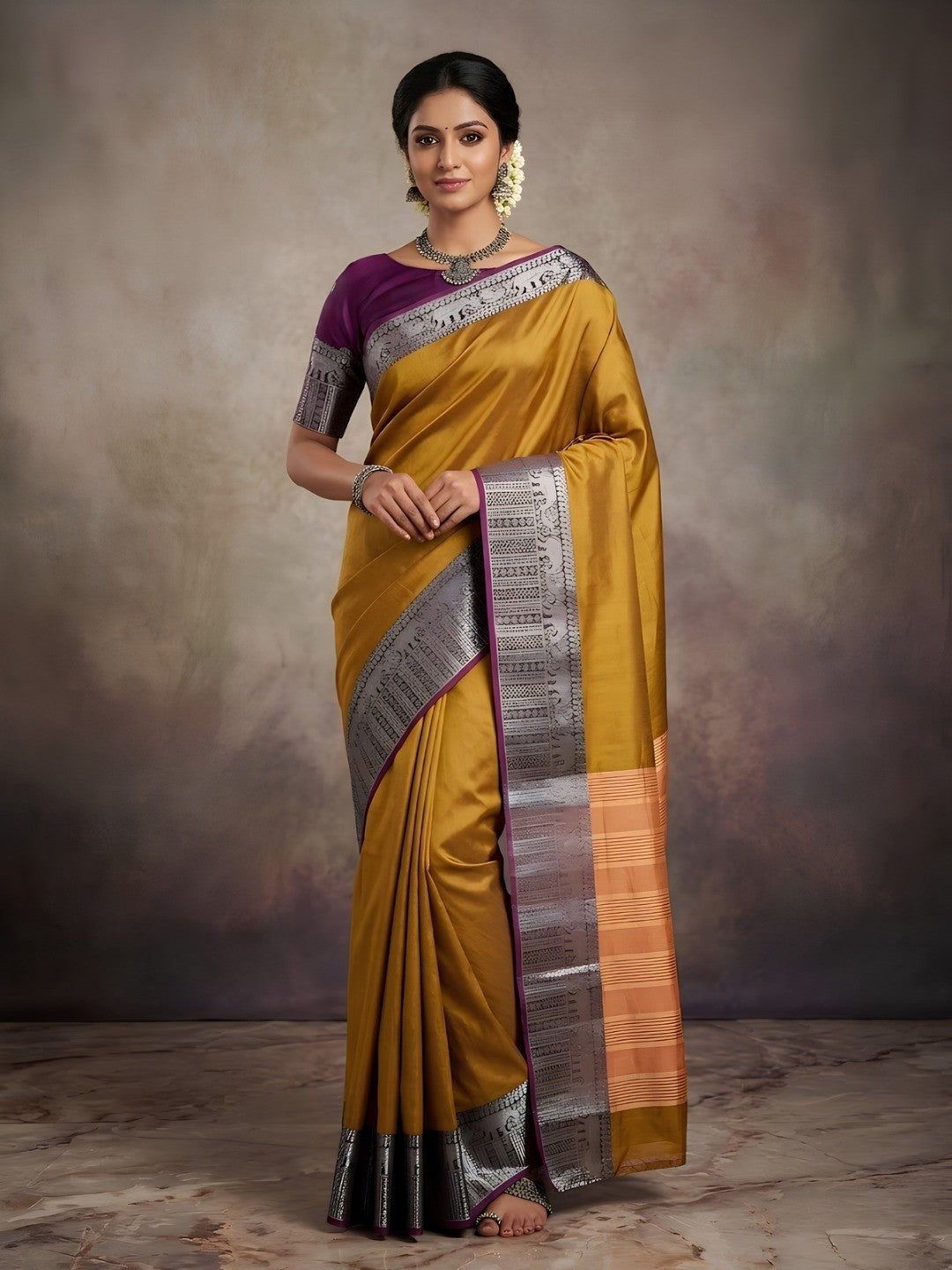 Classic Mustard Plain Saree Highlighted With Silver Zari Woven Border Work