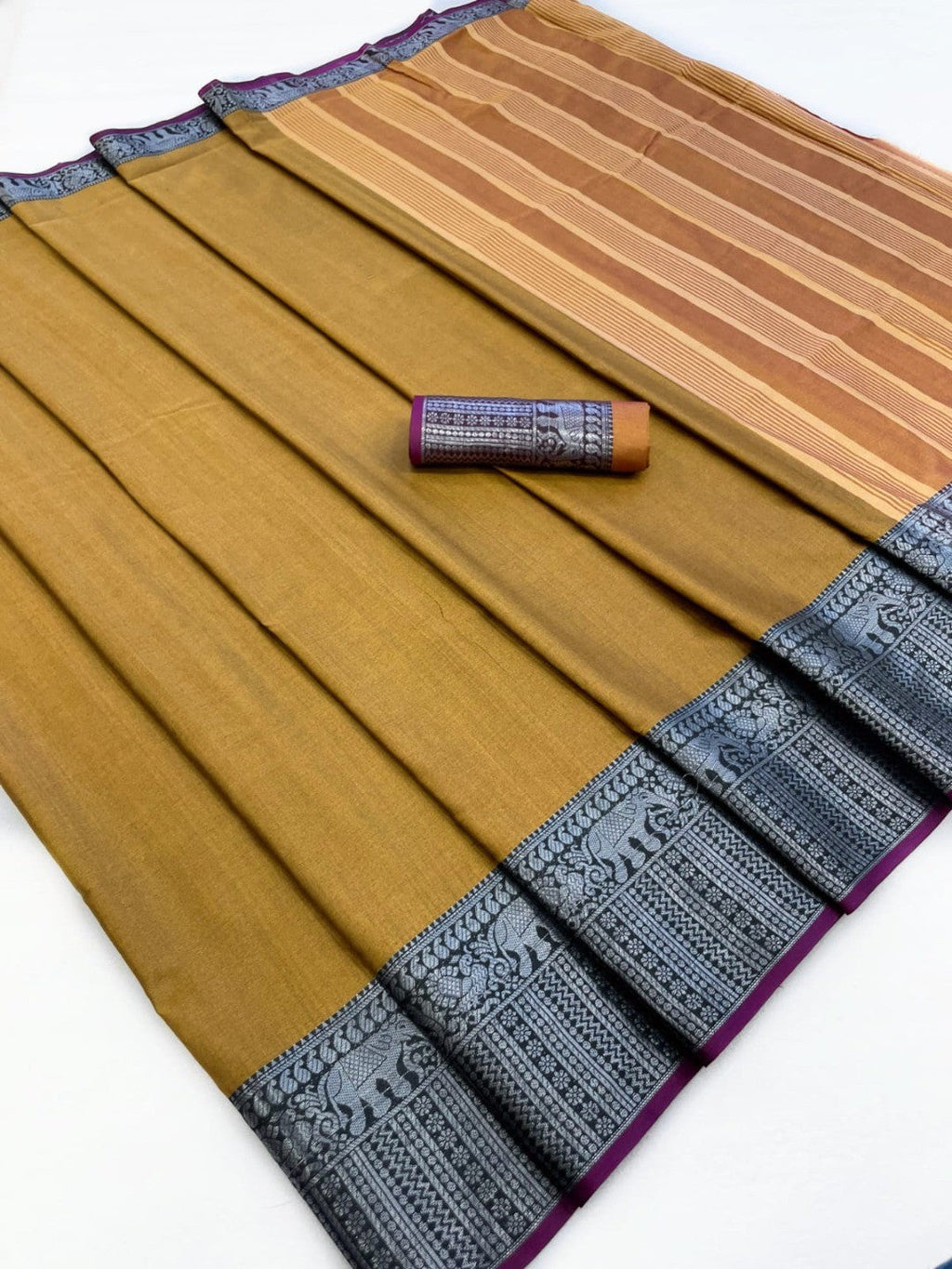 Classic Mustard Plain Saree Highlighted With Silver Zari Woven Border Work