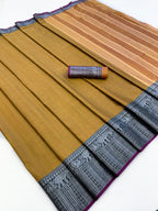 Classic Mustard Plain Saree Highlighted With Silver Zari Woven Border Work