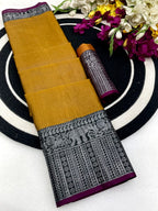 Classic Mustard Plain Saree Highlighted With Silver Zari Woven Border Work
