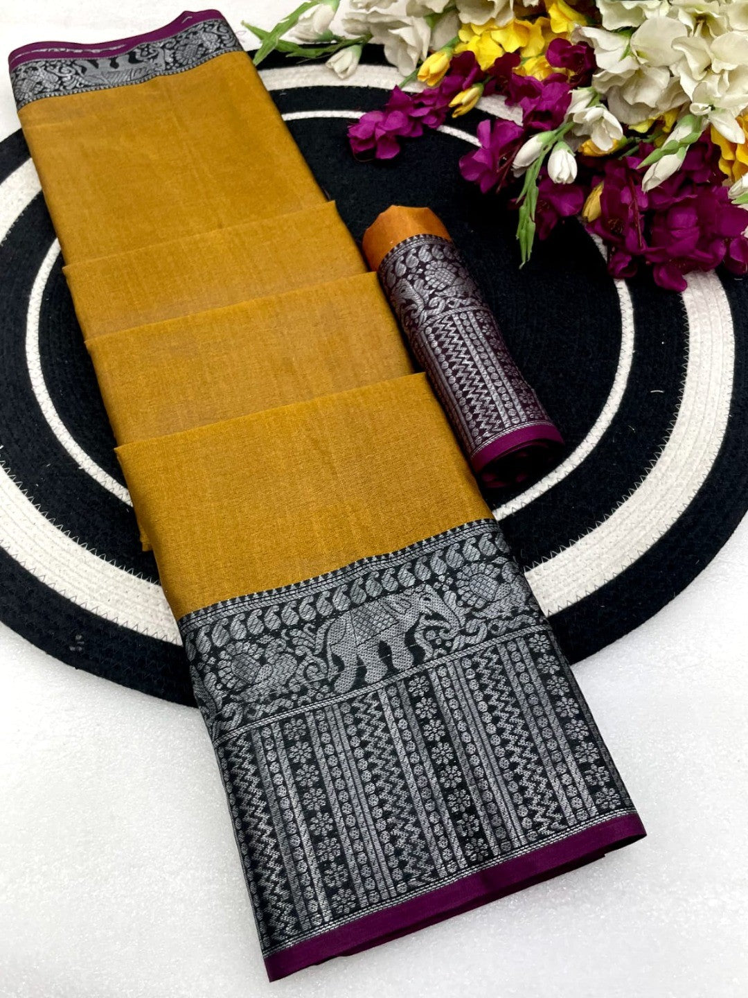 Classic Mustard Plain Saree Highlighted With Silver Zari Woven Border Work