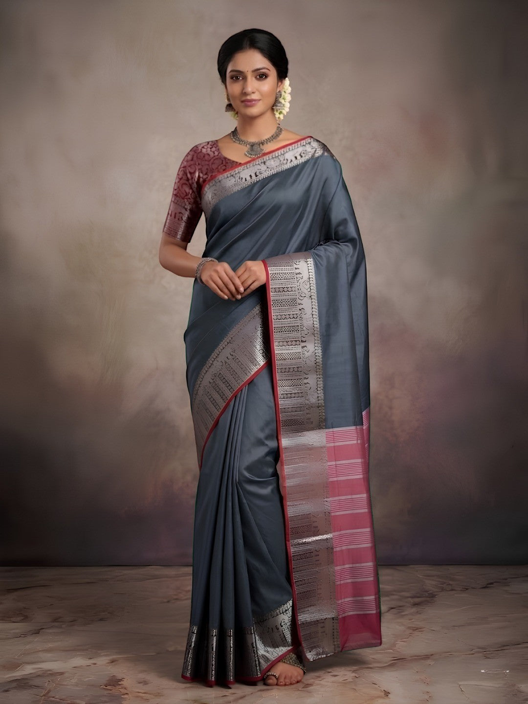 Classic Grey Plain Saree Highlighted With Silver Zari Woven Border Work