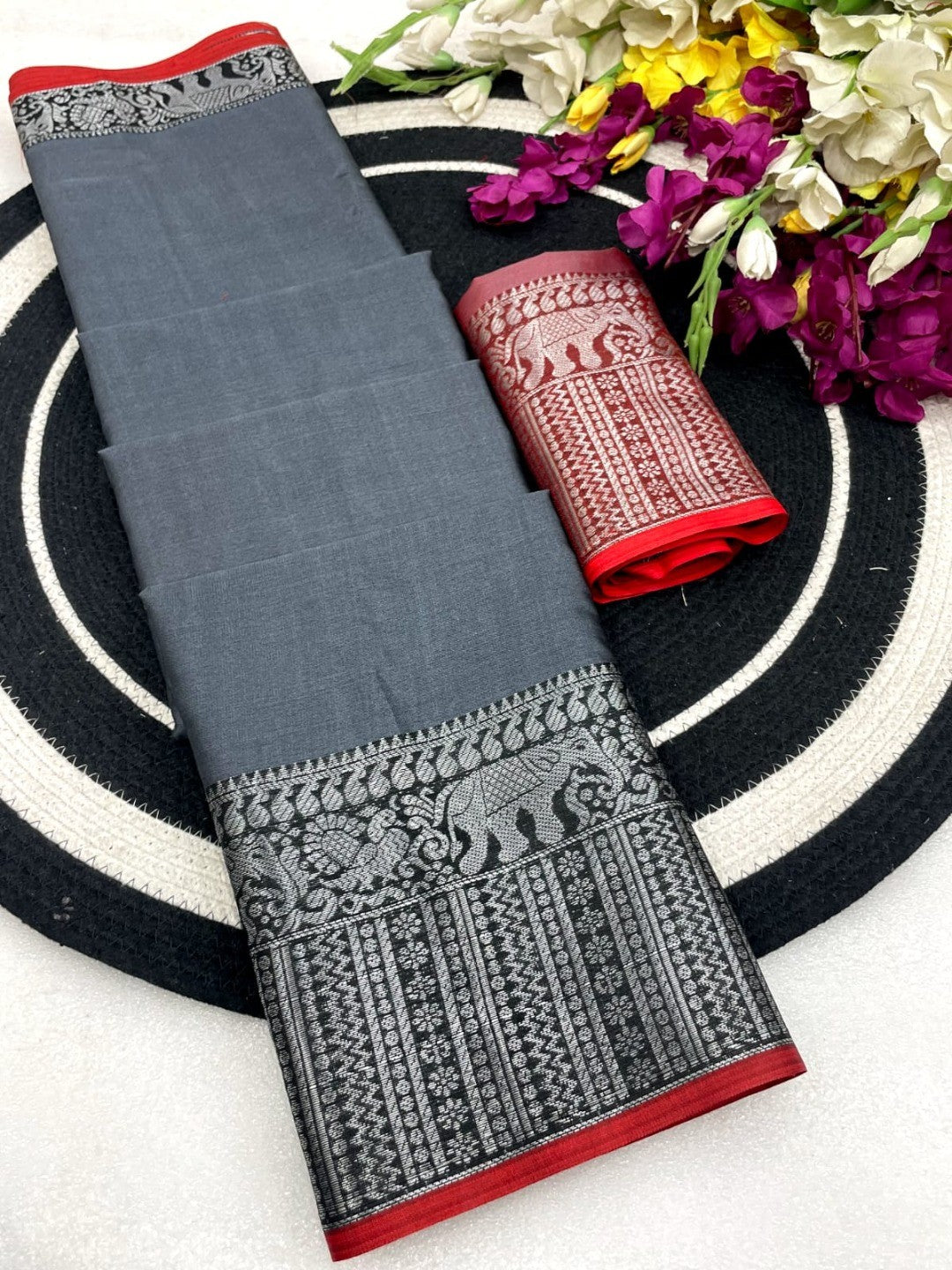 Classic Grey Plain Saree Highlighted With Silver Zari Woven Border Work