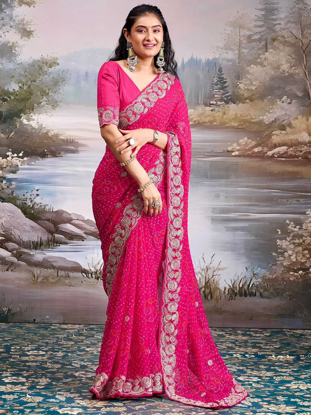 Graceful Pink Bandhani Print Georgette Saree Highlighted With Floral Embroidery Work Border