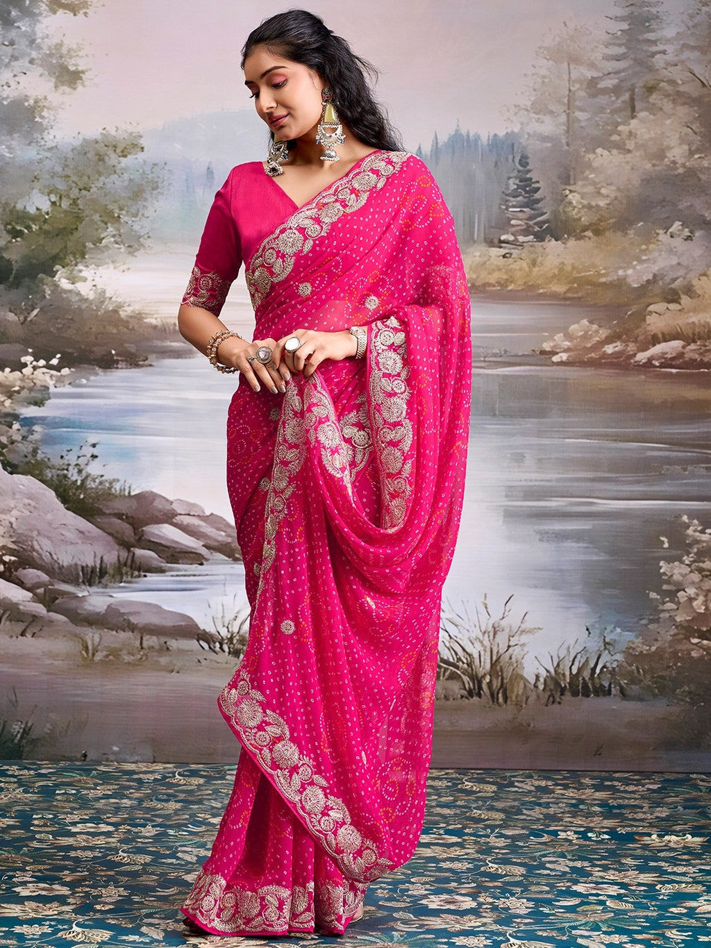 Graceful Pink Bandhani Print Georgette Saree Highlighted With Floral Embroidery Work Border