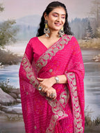 Graceful Pink Bandhani Print Georgette Saree Highlighted With Floral Embroidery Work Border