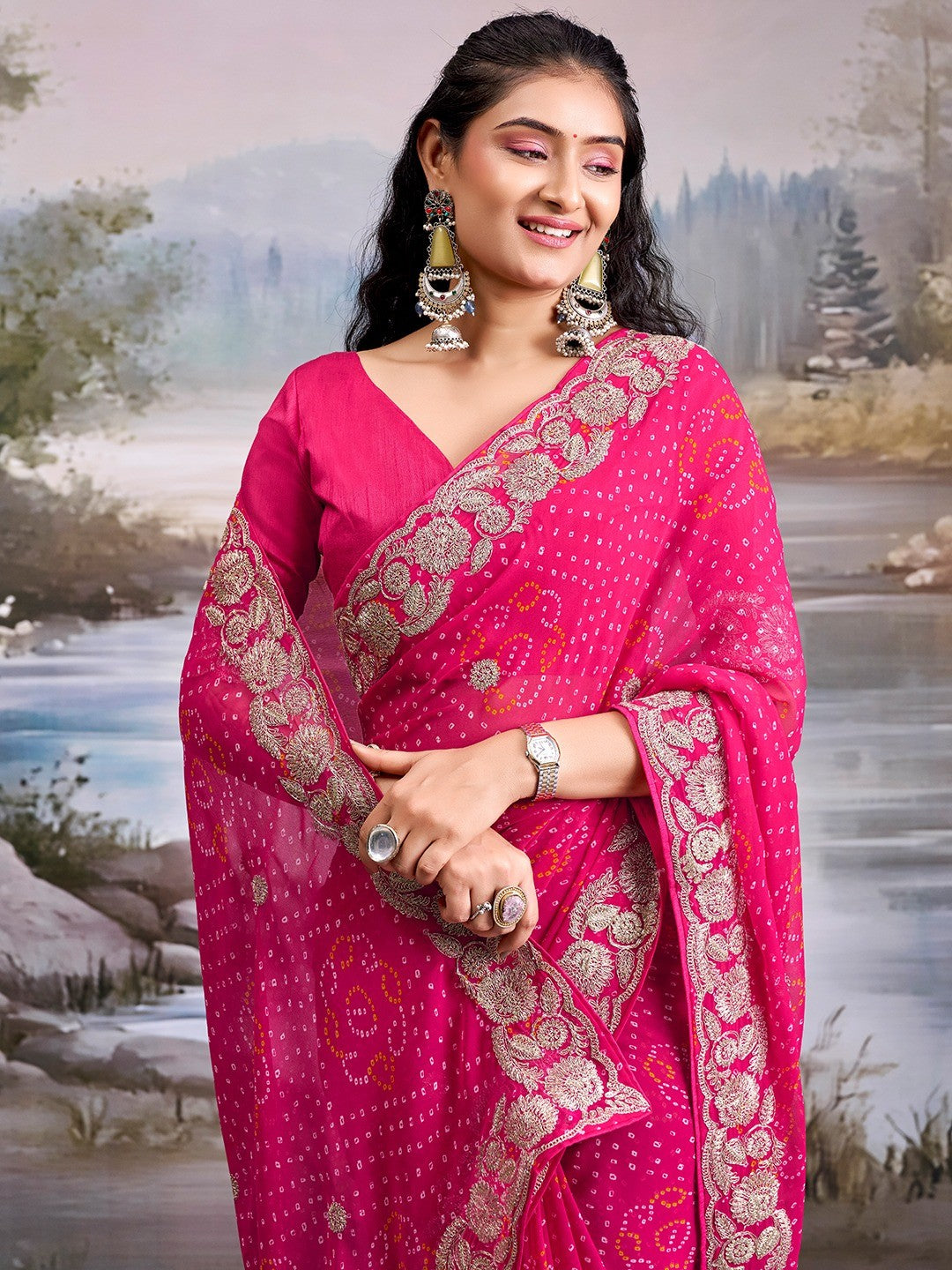 Graceful Pink Bandhani Print Georgette Saree Highlighted With Floral Embroidery Work Border