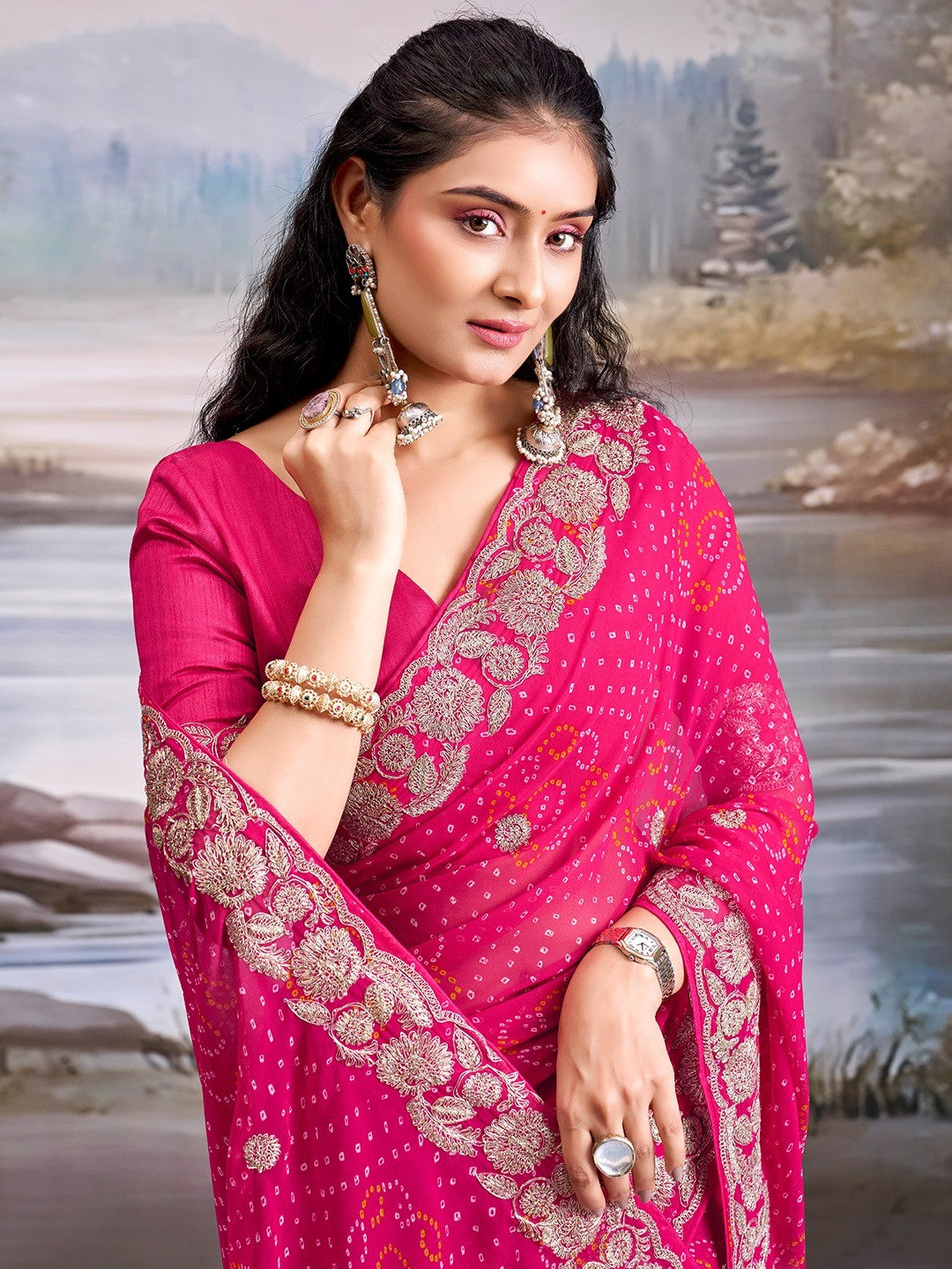 Graceful Pink Bandhani Print Georgette Saree Highlighted With Floral Embroidery Work Border