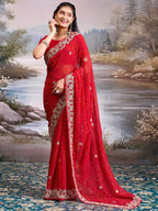 Graceful Red Bandhani Print Georgette Saree Highlighted With Floral Embroidery Work Border