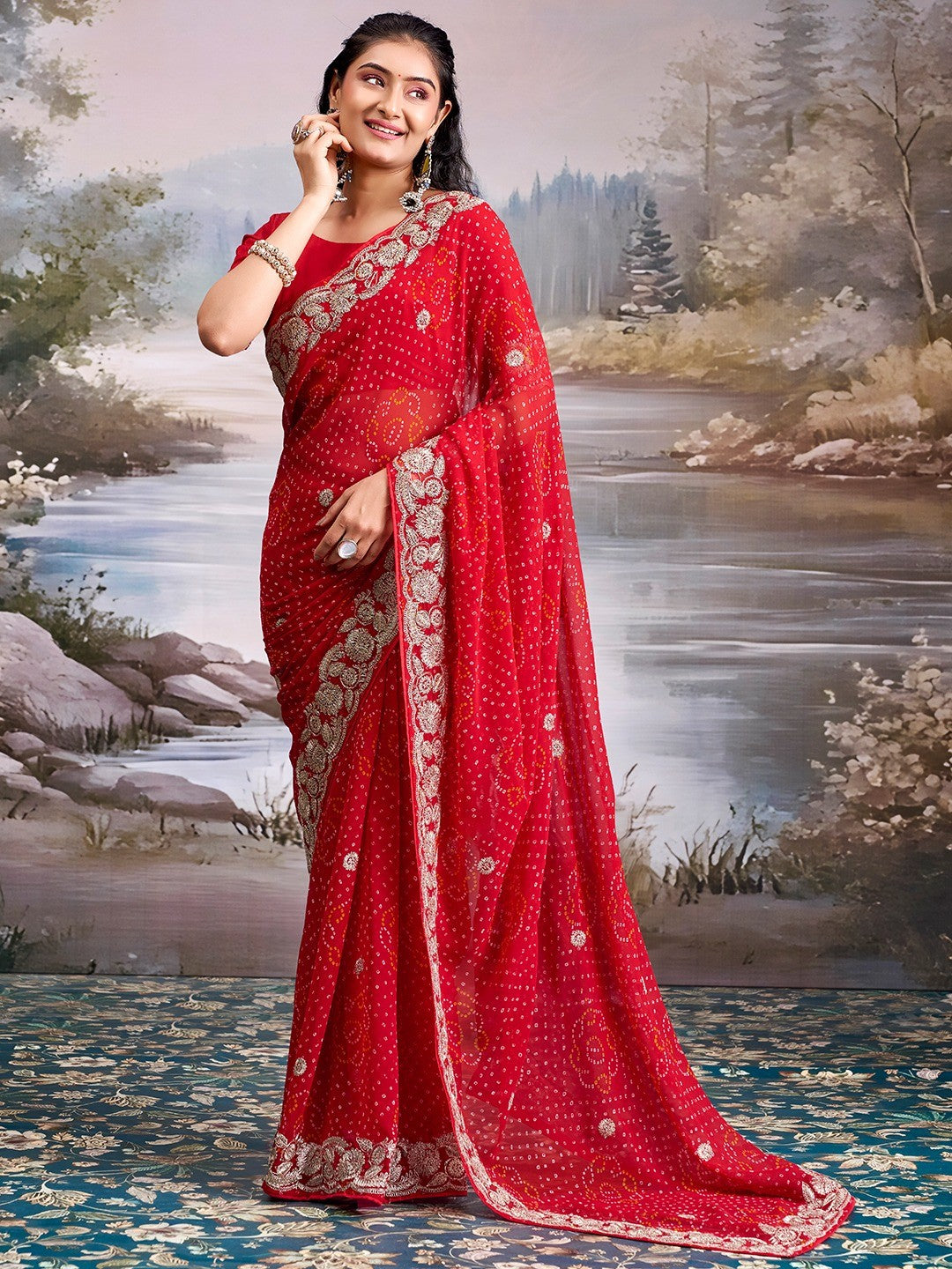 Graceful Red Bandhani Print Georgette Saree Highlighted With Floral Embroidery Work Border