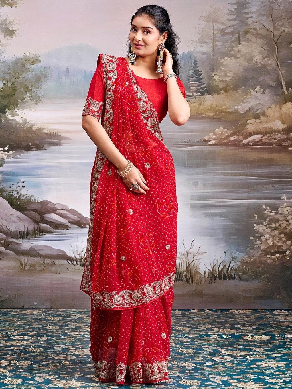 Graceful Red Bandhani Print Georgette Saree Highlighted With Floral Embroidery Work Border