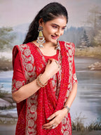 Graceful Red Bandhani Print Georgette Saree Highlighted With Floral Embroidery Work Border