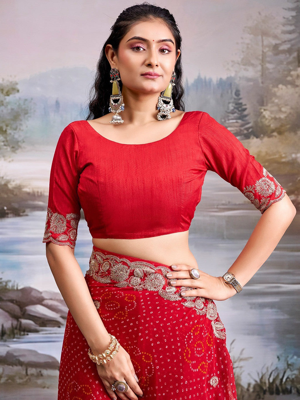 Graceful Red Bandhani Print Georgette Saree Highlighted With Floral Embroidery Work Border