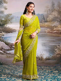 Graceful Green Bandhani Print Georgette Saree Highlighted With Floral Embroidery Work Border