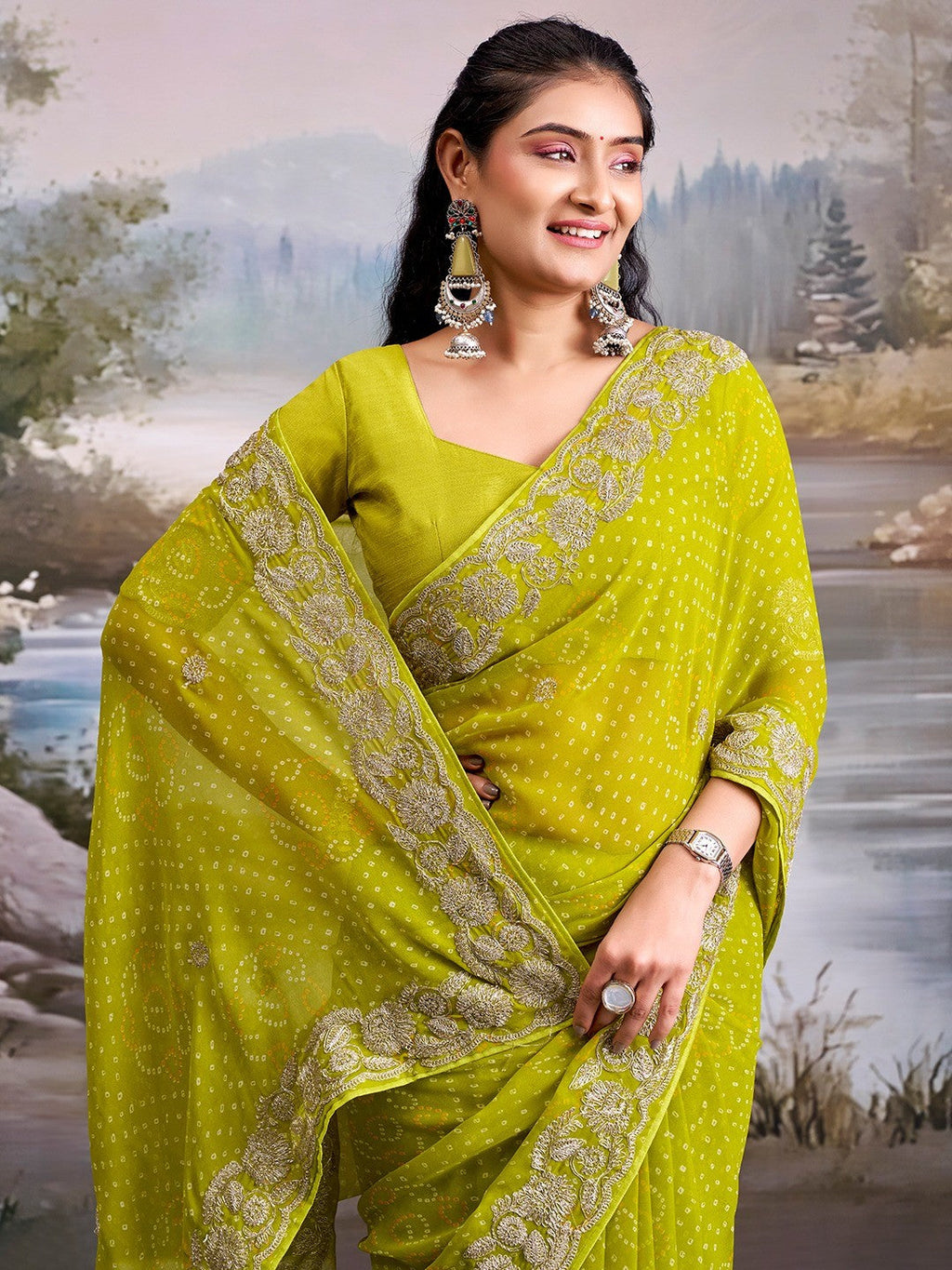 Graceful Green Bandhani Print Georgette Saree Highlighted With Floral Embroidery Work Border