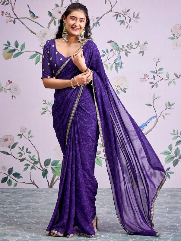 Traditional Purple Bandhani Print Georgette Saree Adorned With Floral Embroidery Border