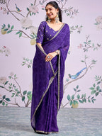 Traditional Purple Bandhani Print Georgette Saree Adorned With Floral Embroidery Border