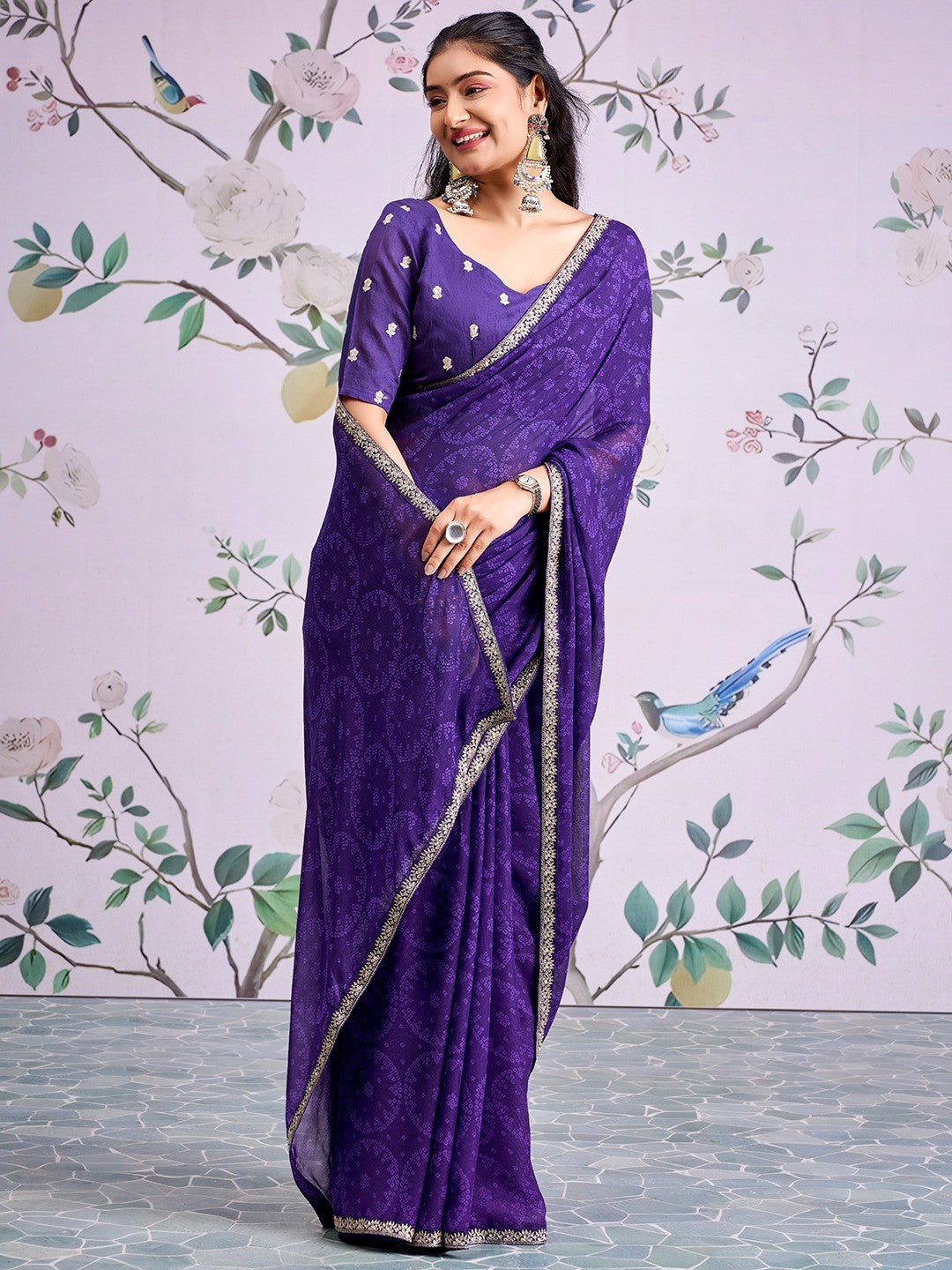 Traditional Purple Bandhani Print Georgette Saree Adorned With Floral Embroidery Border