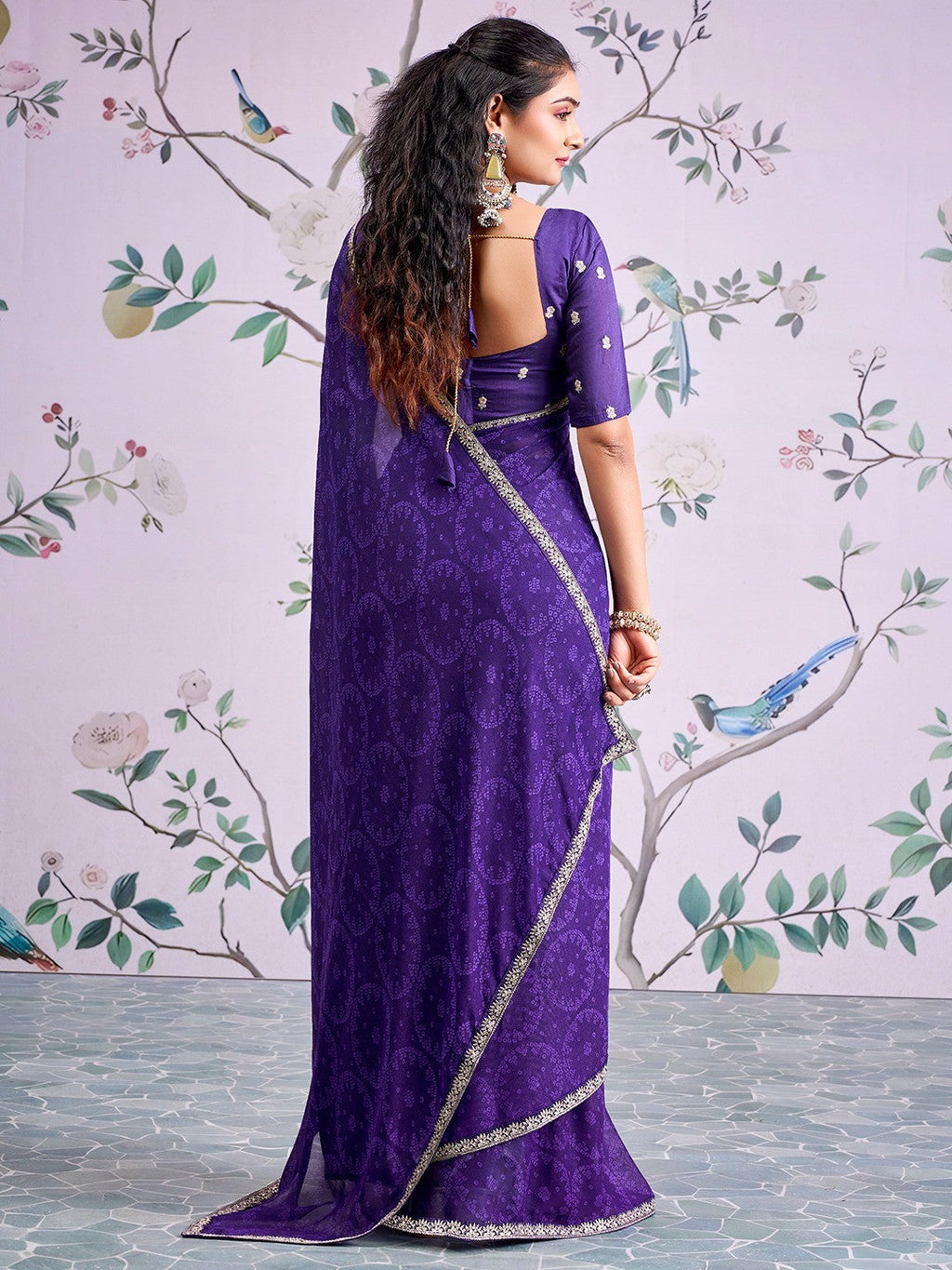 Traditional Purple Bandhani Print Georgette Saree Adorned With Floral Embroidery Border
