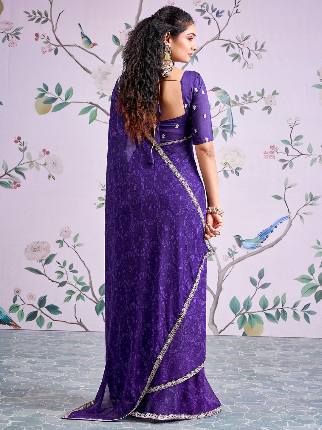 Traditional Purple Bandhani Print Georgette Saree Adorned With Floral Embroidery Border