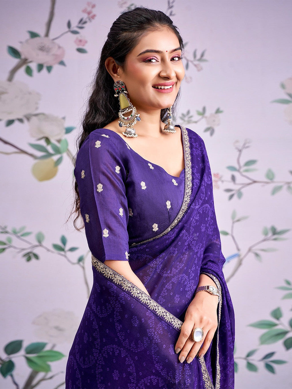 Traditional Purple Bandhani Print Georgette Saree Adorned With Floral Embroidery Border