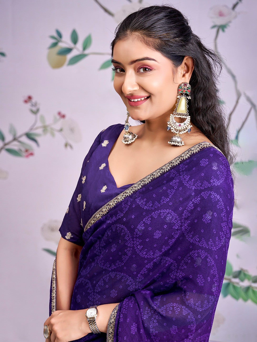 Traditional Purple Bandhani Print Georgette Saree Adorned With Floral Embroidery Border