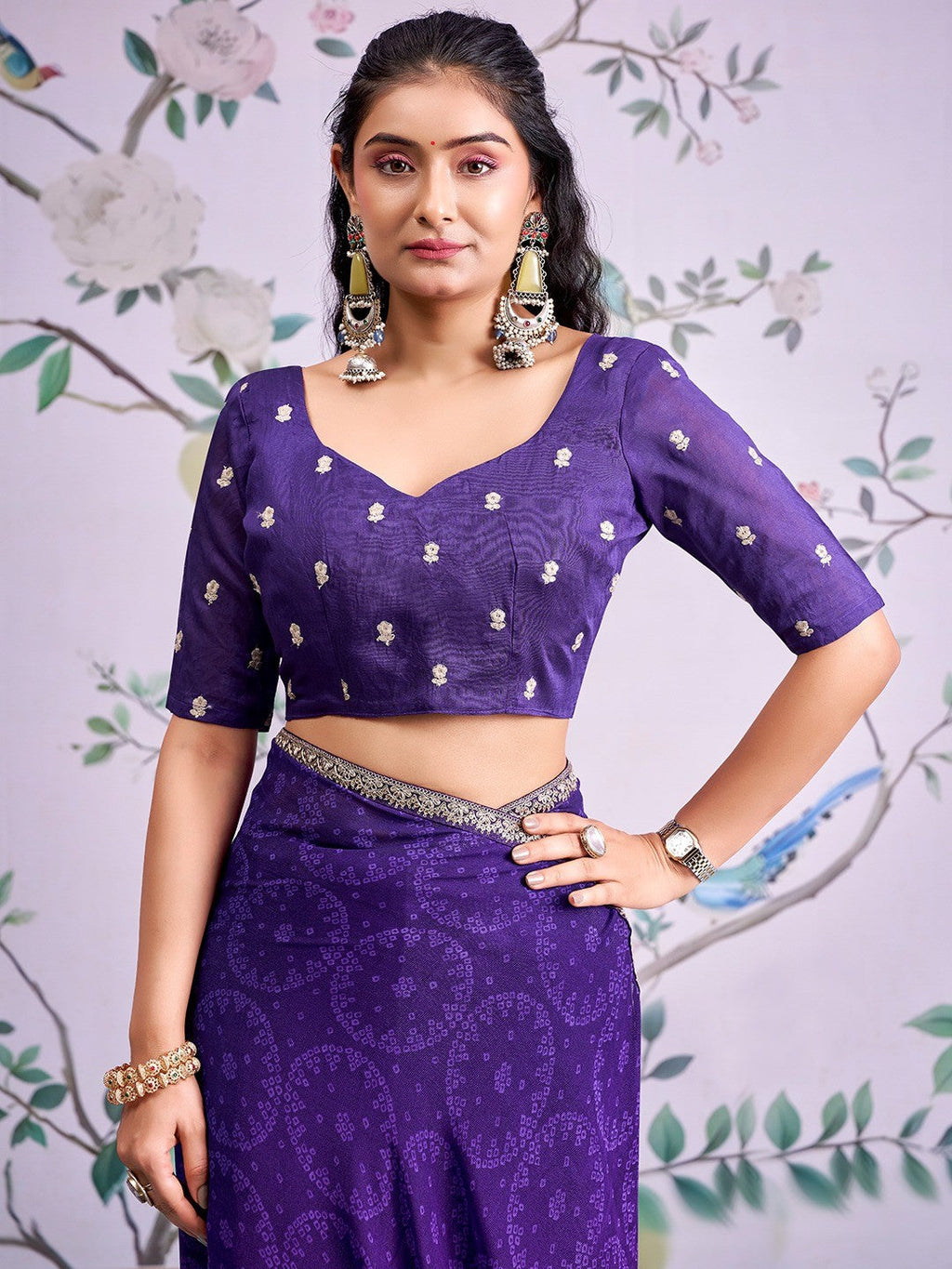 Traditional Purple Bandhani Print Georgette Saree Adorned With Floral Embroidery Border