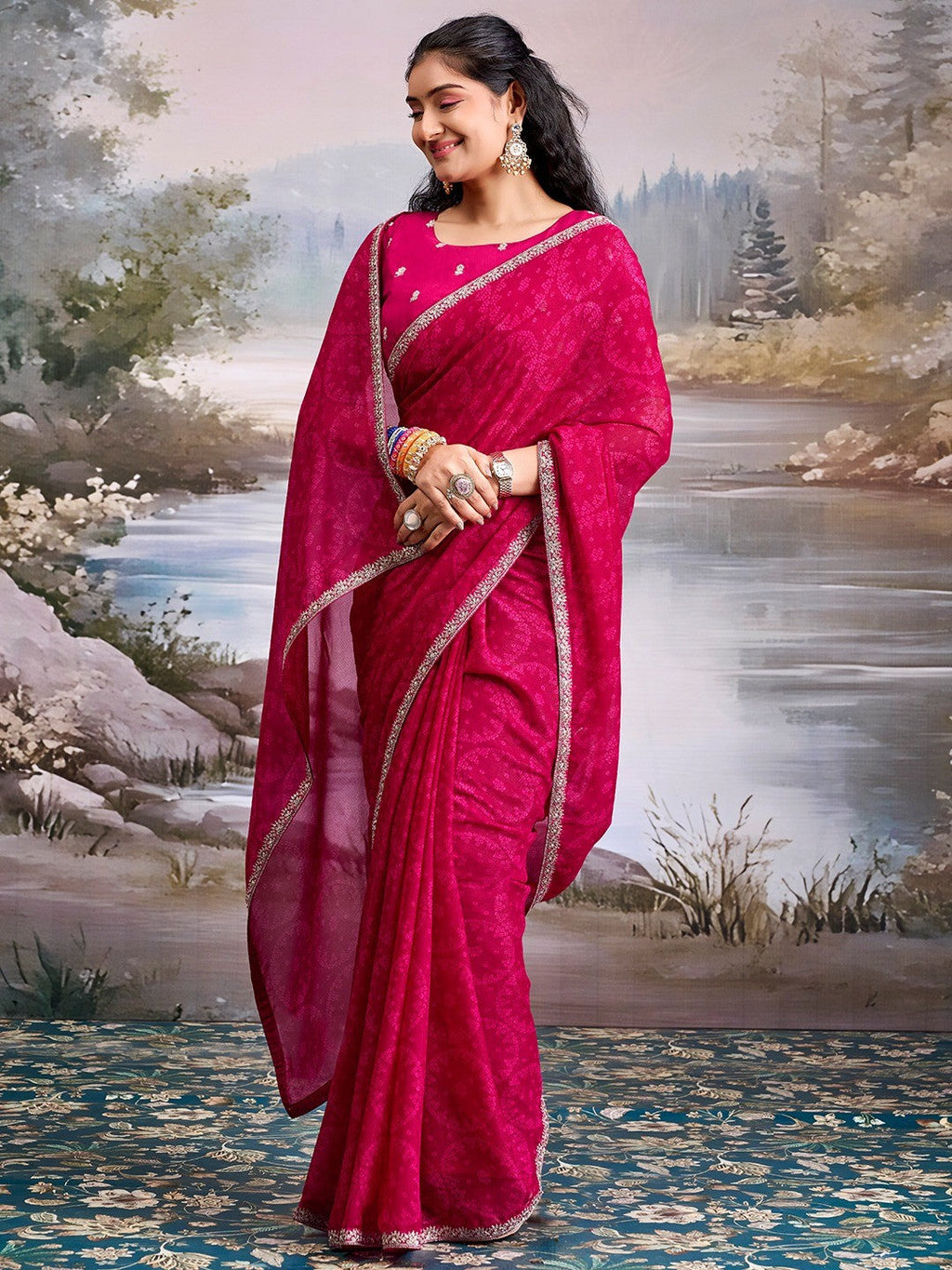 Traditional Pink Bandhani Print Georgette Saree Adorned With Floral Embroidery Border