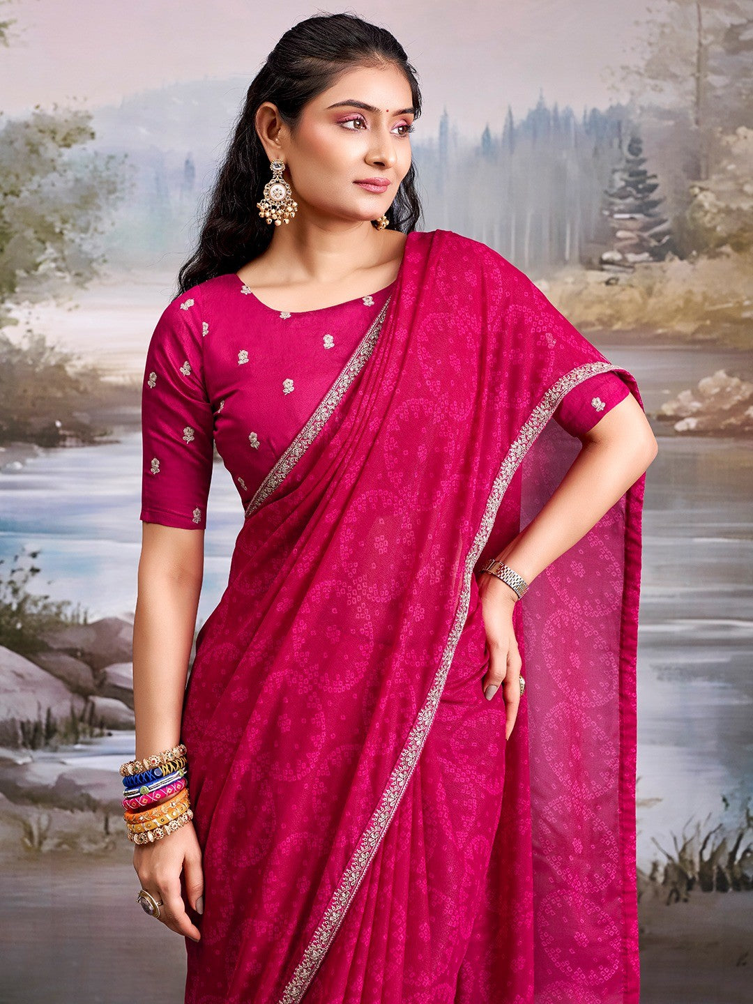 Traditional Pink Bandhani Print Georgette Saree Adorned With Floral Embroidery Border