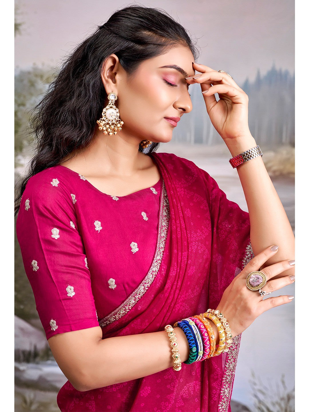 Traditional Pink Bandhani Print Georgette Saree Adorned With Floral Embroidery Border