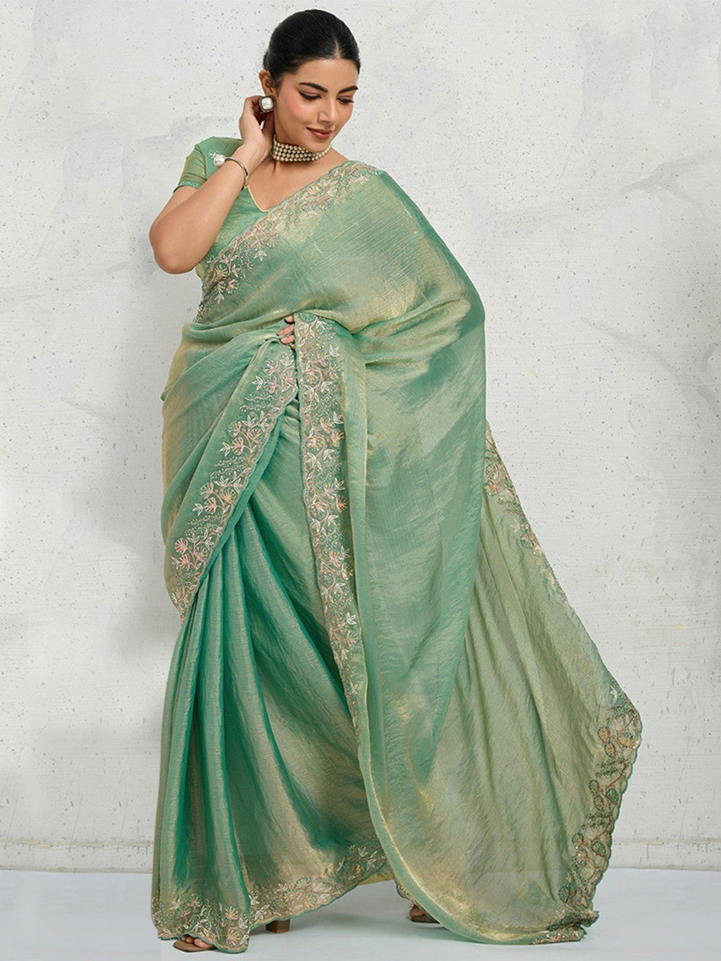 Sea Green Chiffon Saree with Delicate Embroidered Border