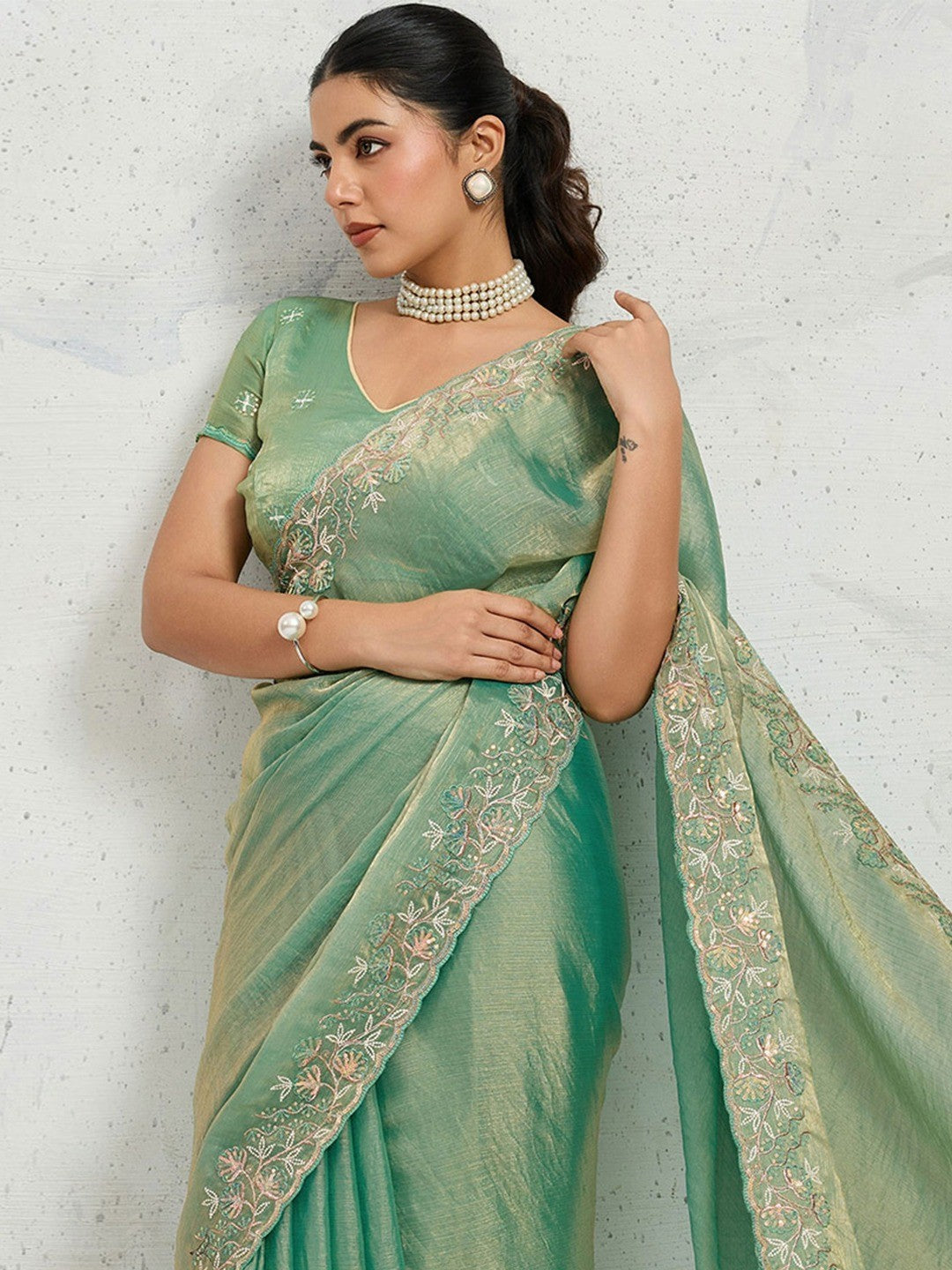 Sea Green Chiffon Saree with Delicate Embroidered Border