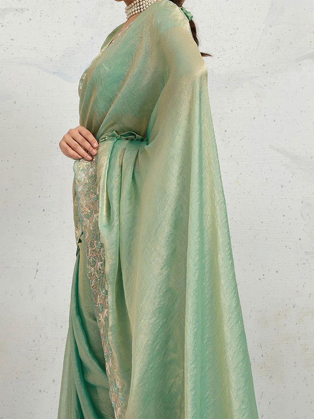 Sea Green Chiffon Saree with Delicate Embroidered Border