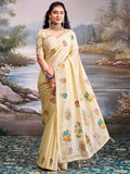 Designer Cream Floral Printed Chinon Saree With Elegant Tassel Pallu Accents