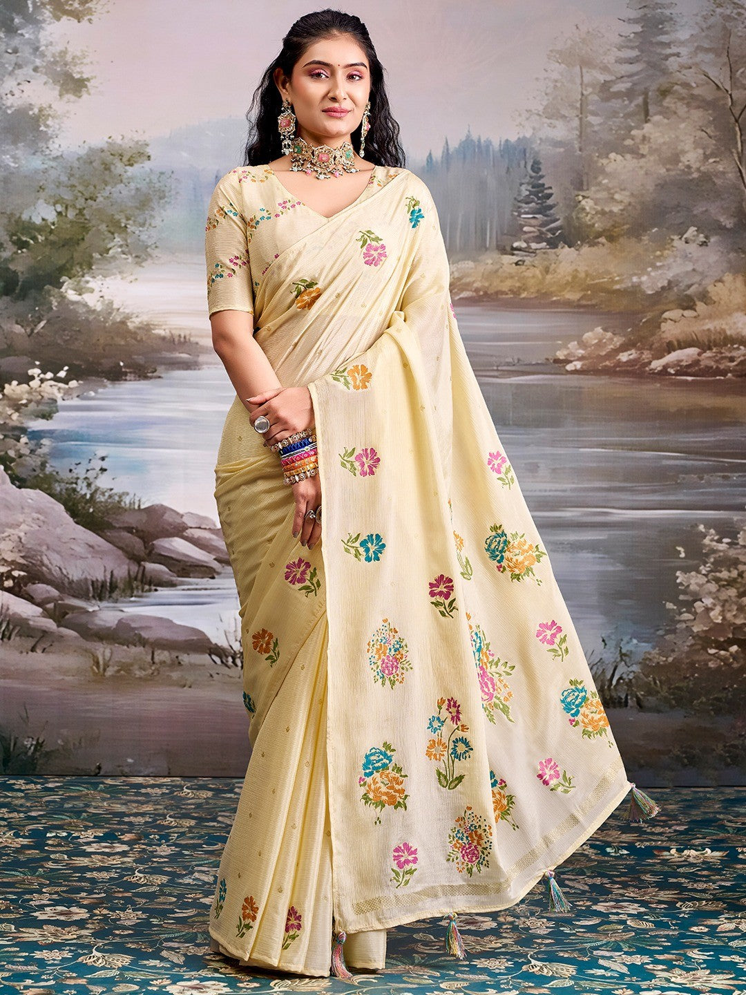 Designer Cream Floral Printed Chinon Saree With Elegant Tassel Pallu Accents