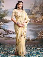 Designer Cream Floral Printed Chinon Saree With Elegant Tassel Pallu Accents