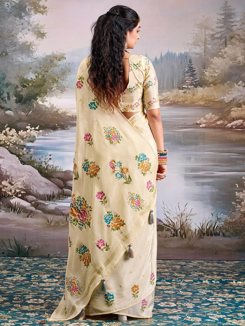 Designer Cream Floral Printed Chinon Saree With Elegant Tassel Pallu Accents