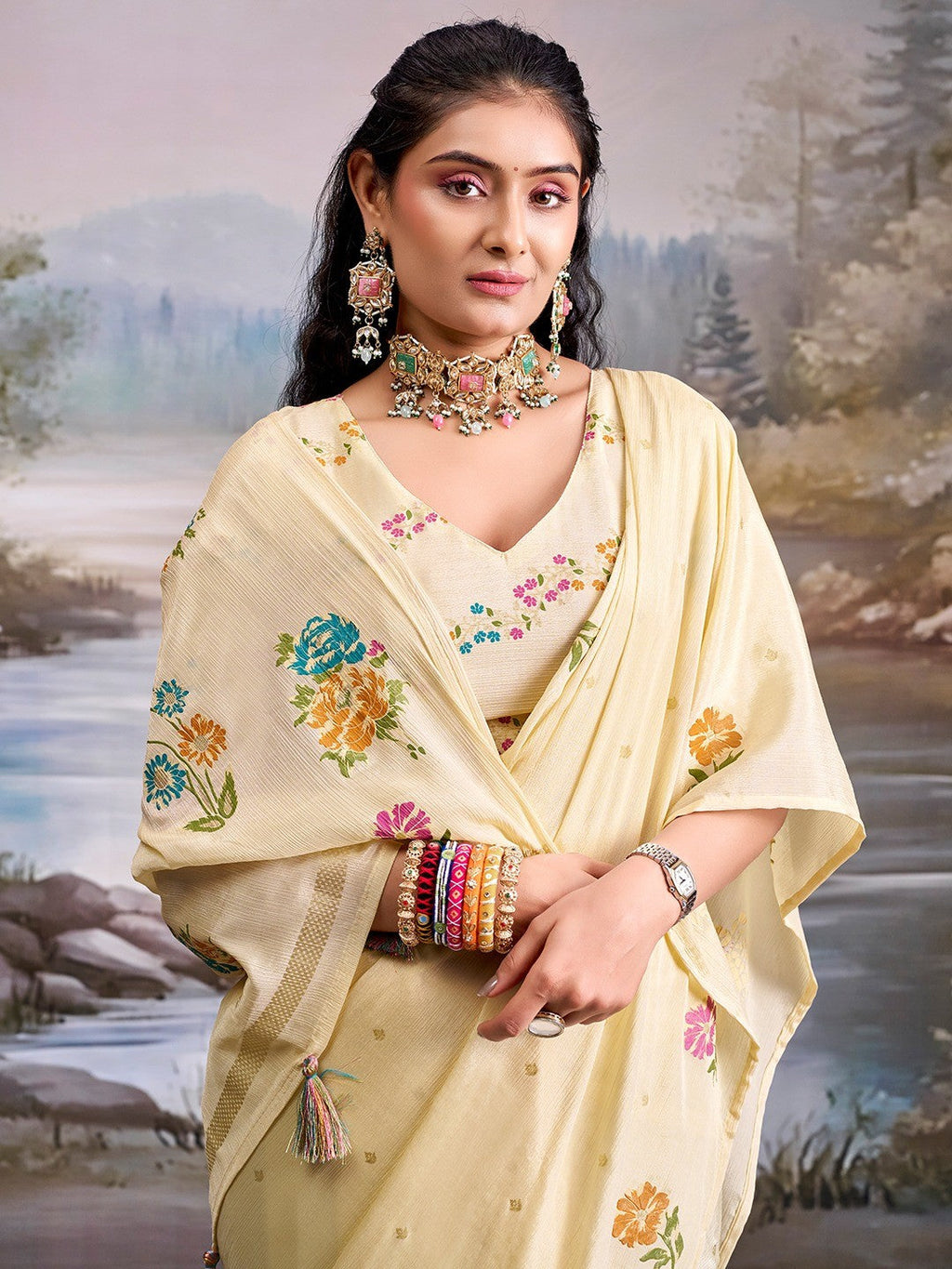 Designer Cream Floral Printed Chinon Saree With Elegant Tassel Pallu Accents