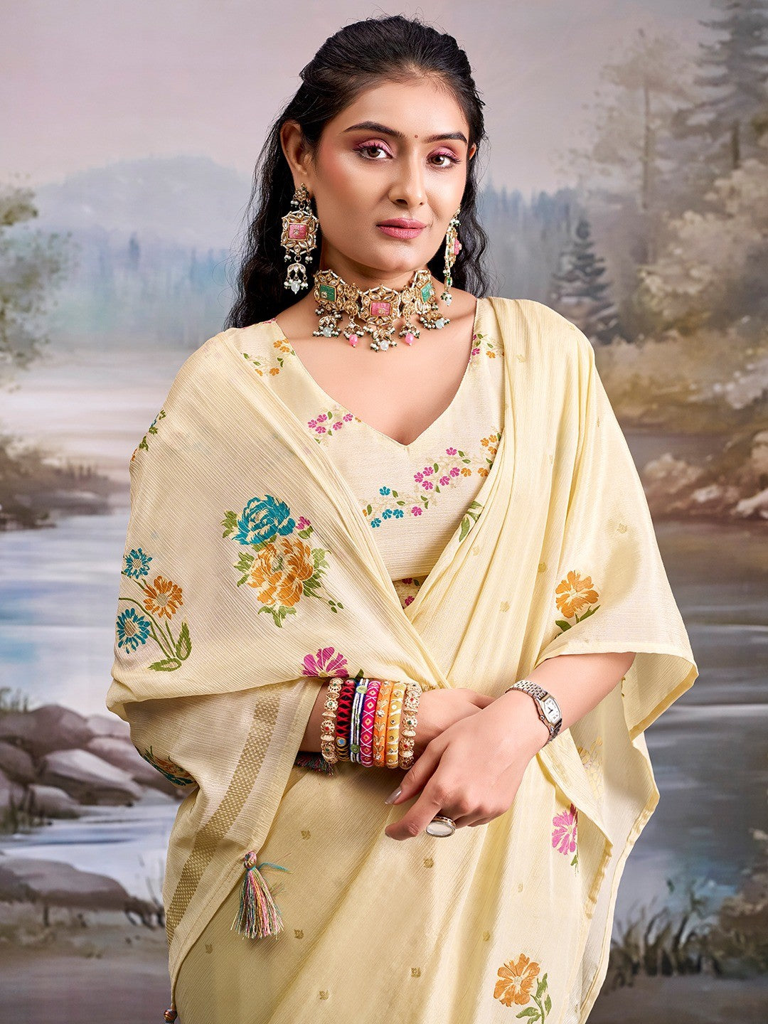 Designer Cream Floral Printed Chinon Saree With Elegant Tassel Pallu Accents