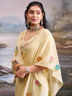 Designer Cream Floral Printed Chinon Saree With Elegant Tassel Pallu Accents