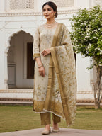Beige & Olive Floral Printed Linen Dress Material with Embroidery