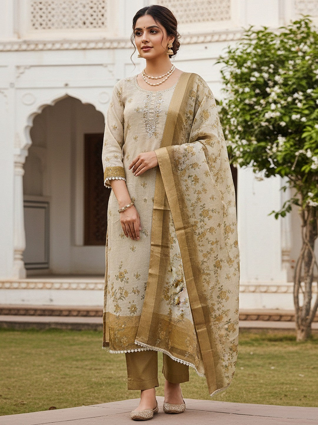 Beige & Olive Floral Printed Linen Dress Material with Embroidery