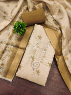 Beige & Olive Floral Printed Linen Dress Material with Embroidery