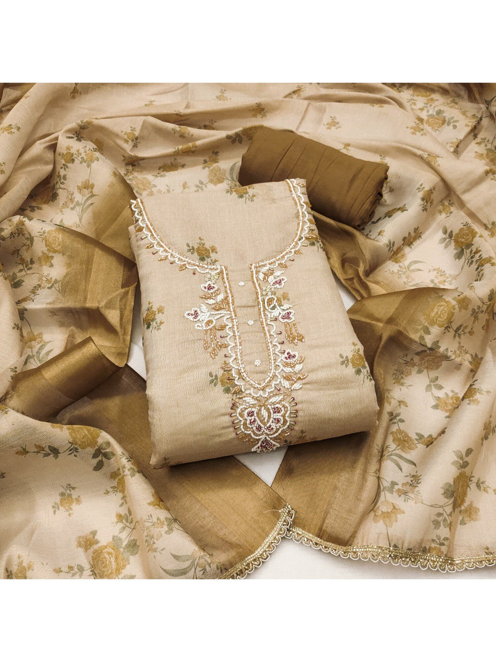 Beige & Olive Floral Printed Linen Dress Material with Embroidery