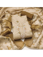 Beige & Olive Floral Printed Linen Dress Material with Embroidery