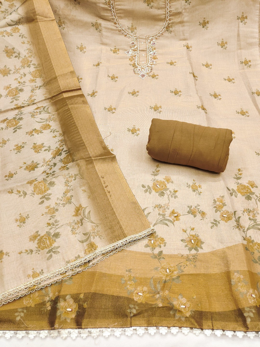 Beige & Olive Floral Printed Linen Dress Material with Embroidery