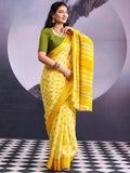 Classic Light Yellow Floral Printed Georgette Saree With Rich Zari Woven Border