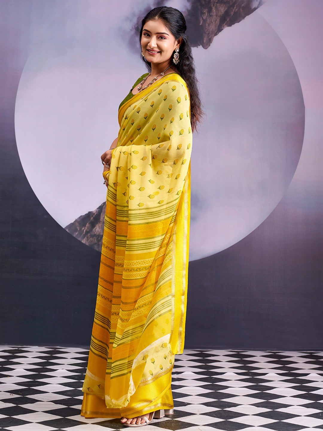 Classic Light Yellow Floral Printed Georgette Saree With Rich Zari Woven Border