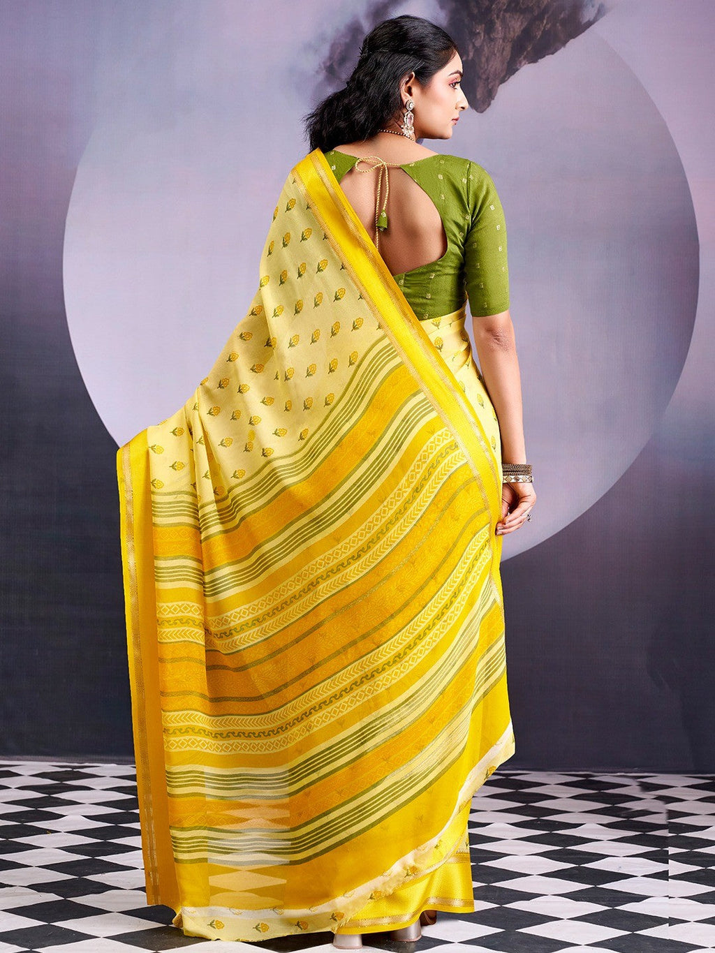 Classic Light Yellow Floral Printed Georgette Saree With Rich Zari Woven Border
